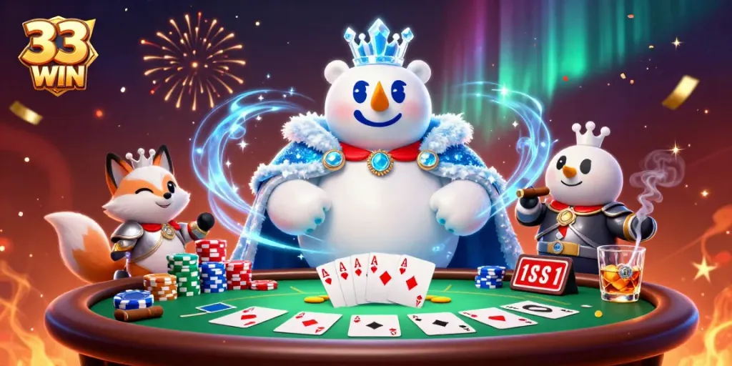Engage with 33WIN's thrilling poker scene featuring an ice king and snow fox amidst vibrant casino elements.