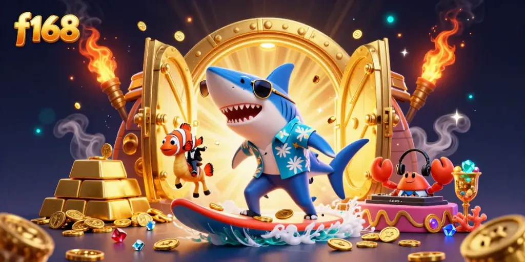 Engage in thrilling gameplay at f168 with a lively, gold-rich casino underwater scene.