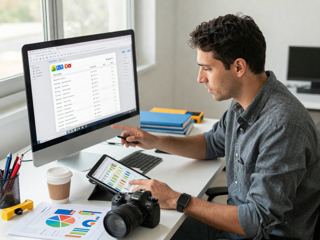 Local SEO for contractors: contractor analyzing SEO results with charts and tools in a professional workspace.