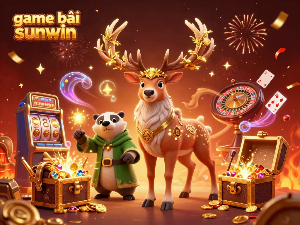 Win big with game bài sunwin in this enchanting 3D casino-themed illustration featuring vibrant characters, treasures, and energy.