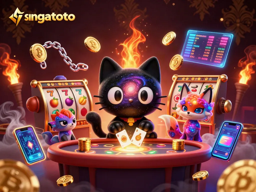 Engage with singatoto's cosmic casino as the black hole cat pulls in golden chips in a vibrant scene.