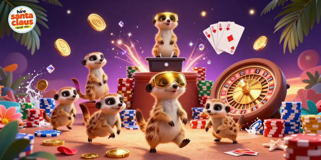 Hire Santa Claus near me while enjoying a vibrant 3D casino scene with lively meerkat characters.
