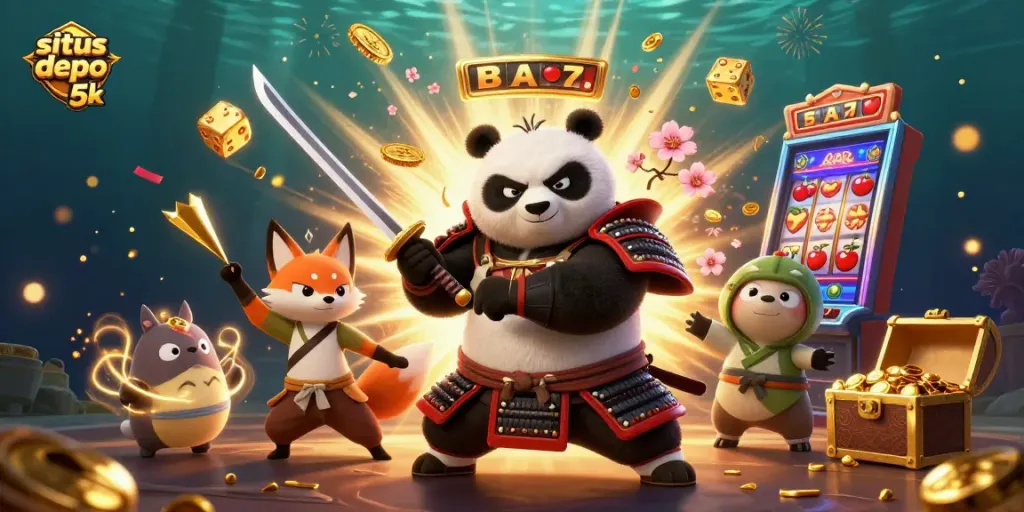 Experience thrilling casino action with situs depo 5k featuring a vibrant panda samurai and dynamic slot elements.
