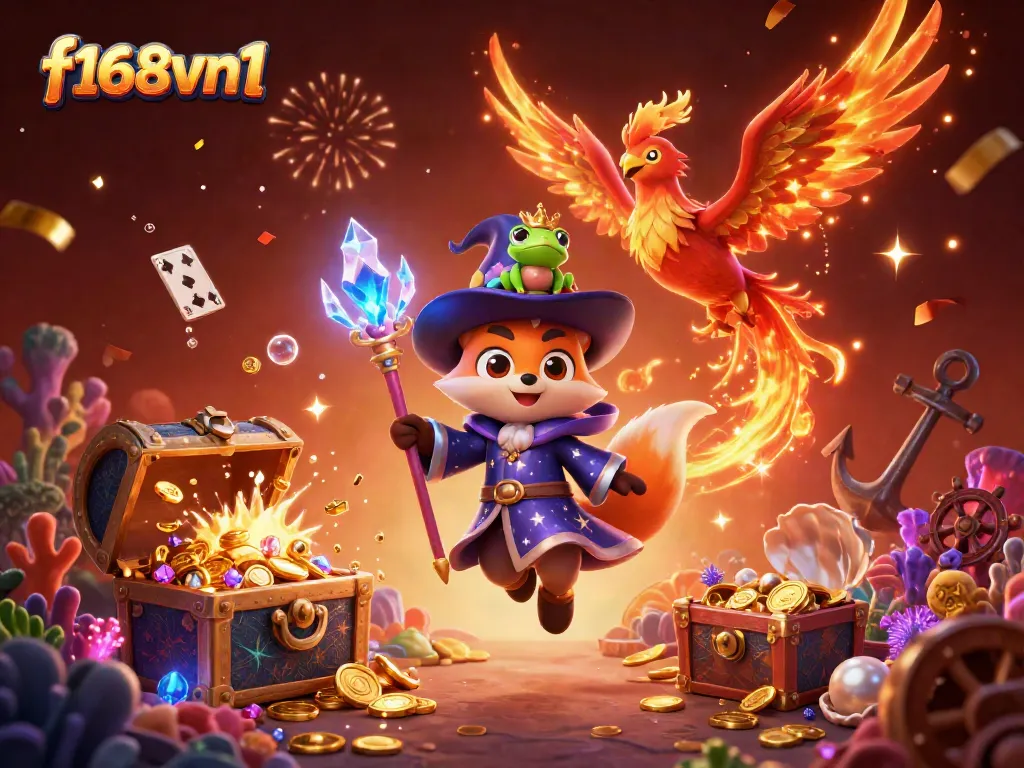 Join the magical adventure with f168vn1 featuring a wizard fox, phoenix, and enchanting scenes of casino treasure.
