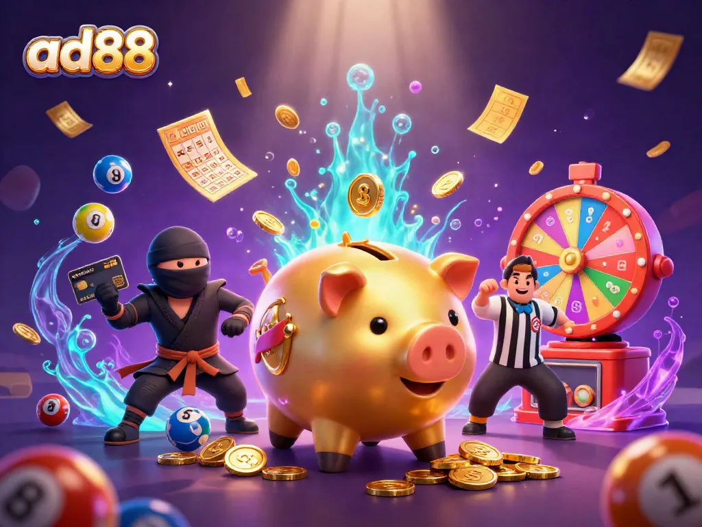 ad88 showcases an exciting casino scene with a piggy bank sumo wrestler and vibrant lottery balls raining down.