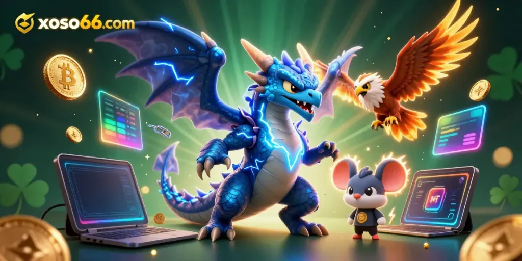 Engage with thrilling games at xoso66 com featuring vibrant dragon and hawk in an electric atmosphere.