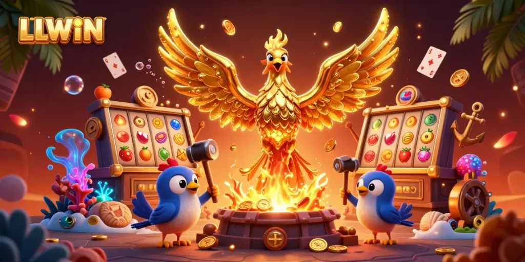 LLWIN's molten golden phoenix glints as it transforms into coins, alongside colorful jackpot slots in a vibrant casino scene.
