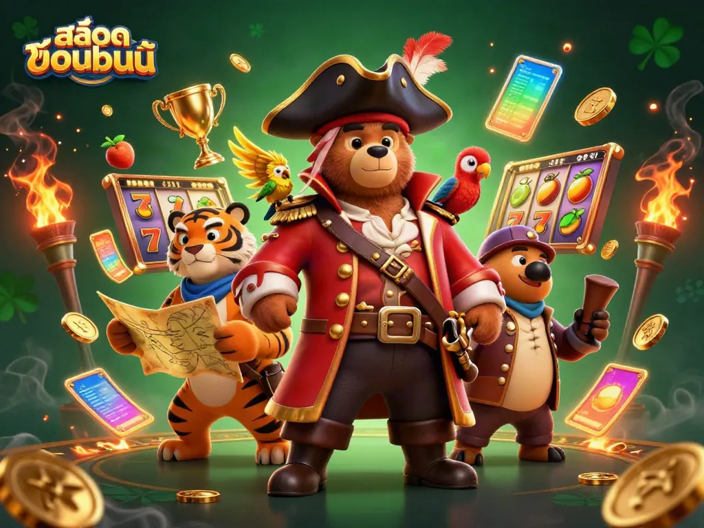 Experience thrilling สล็อตออนไลน์ action with a pirate bear, tiger, and parrot in a dramatic casino scene.