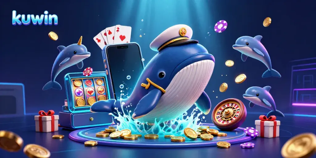 Playful kuwin-themed illustration featuring a whale, narwhal, and dolphins amid casino elements.