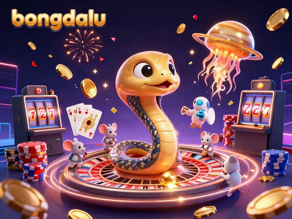 Bongdalu platform showcases a 3D cosmic casino scene with engaging characters and lively elements.