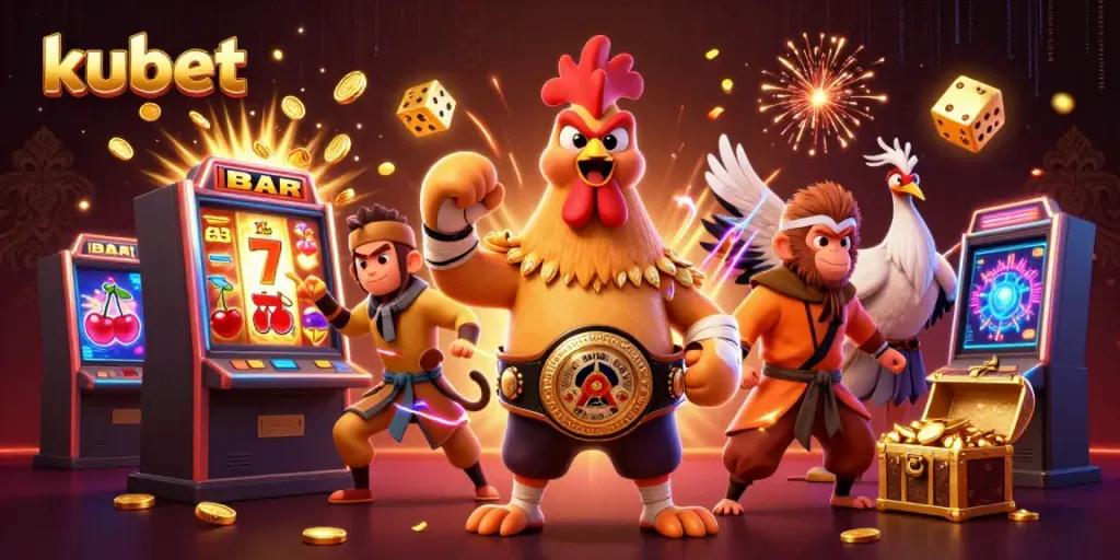 Experience exciting gaming at Kubet with vibrant characters and dynamic casino elements.