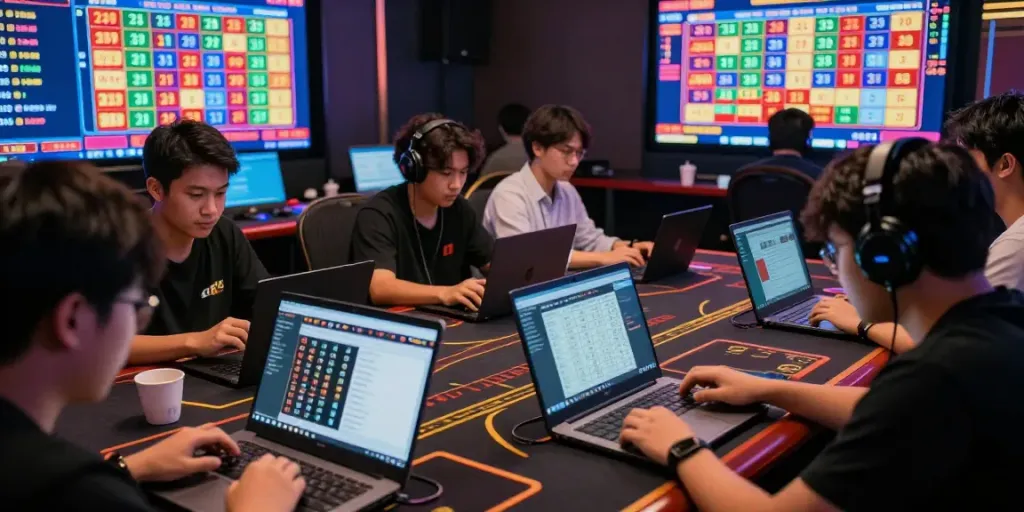 Permainan ceritoto togel online dengan pemain menganalisis angka dan grafik di laptop dan tablet.