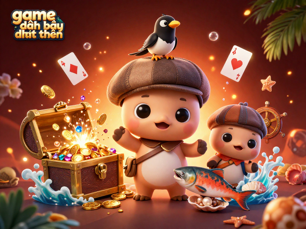 Experience the excitement of game đánh bài đổi thưởng with charming characters and vibrant casino elements.