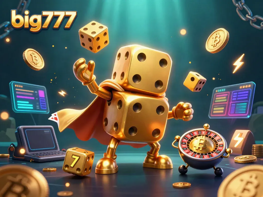 Experience thrilling wins with big777's dynamic casino scene filled with golden dice, slot reels, and neon coins.