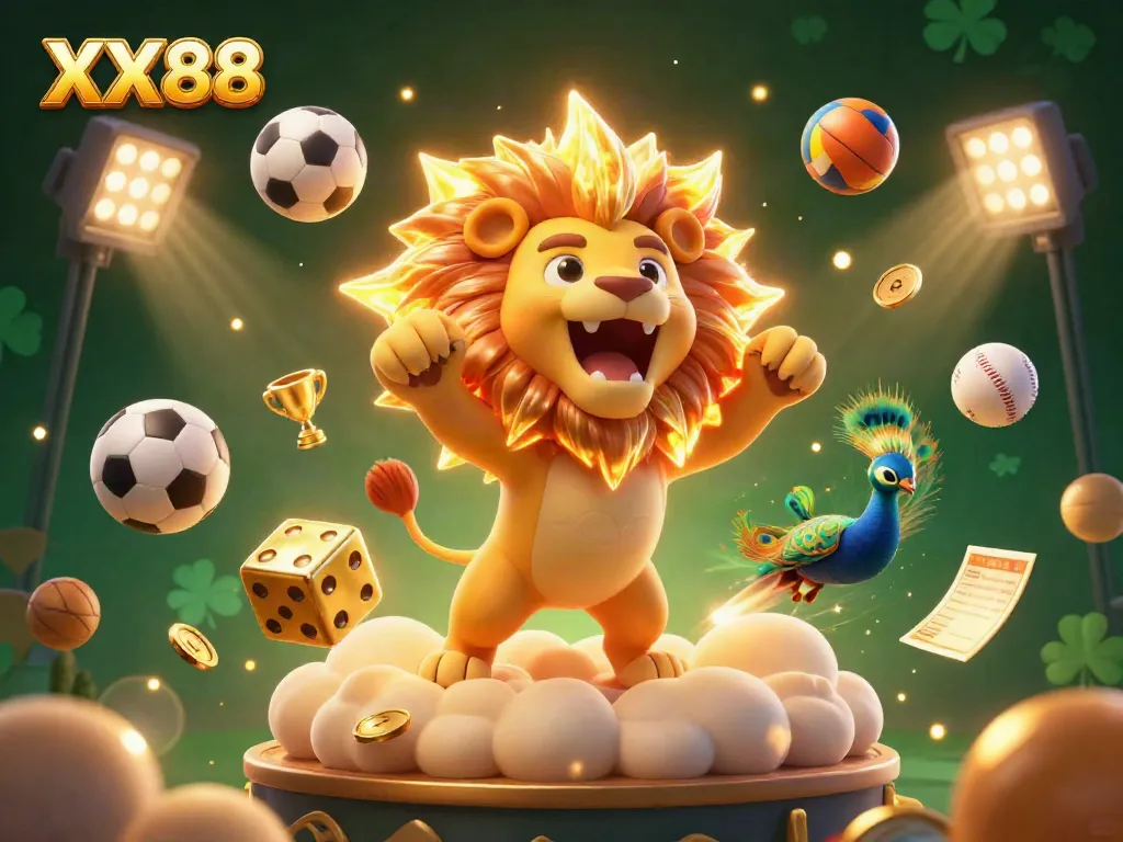 Engaging visual of XX88 with a roaring golden sun lion, golden dice, and dynamic sports elements showcasing a lively online betting atmosphere.