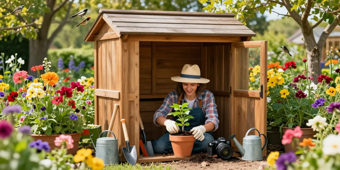 Wooden garden potting sheds with a gardener potting plants in a sunlit garden.