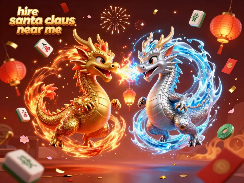Hire Santa Claus near me with festive dragons and casino elements in a vibrant 3D scene.