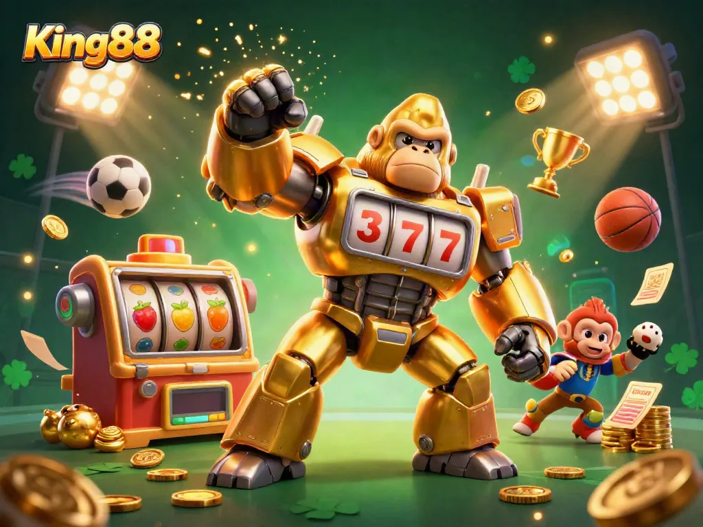Experience King88 with a vibrant 3D scene showcasing a golden gorilla mech, slot reels, sports elements, and casino excitement.