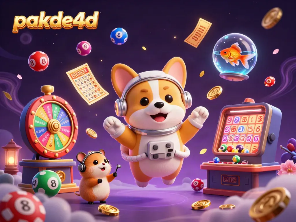 Experience pakde4d's dynamic gambling fun with lottery balls drifting and an astronaut corgi in action.