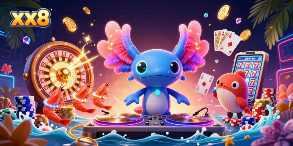 Axolotl DJ spinning records with shrimp dancers and slot elements, highlighting xx8 casino excitement.
