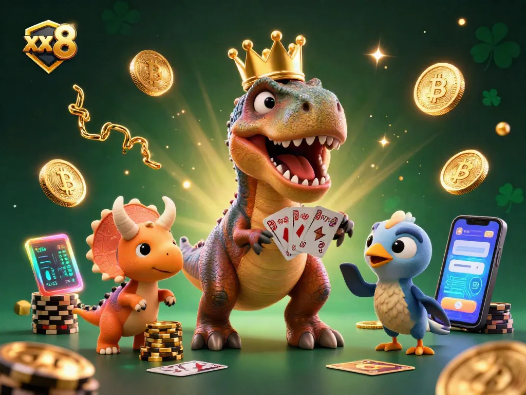 Engage in thrilling xx 8 casino action with a T-Rex dealing cards and dinosaur companions in a vibrant scene.