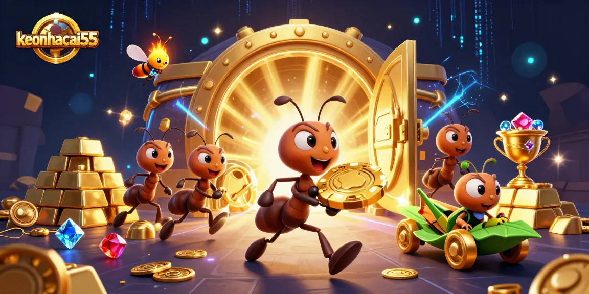 Experience the thrill of keonhacai55 as cartoon ants carry a golden poker chip through a treasure-filled tunnel.