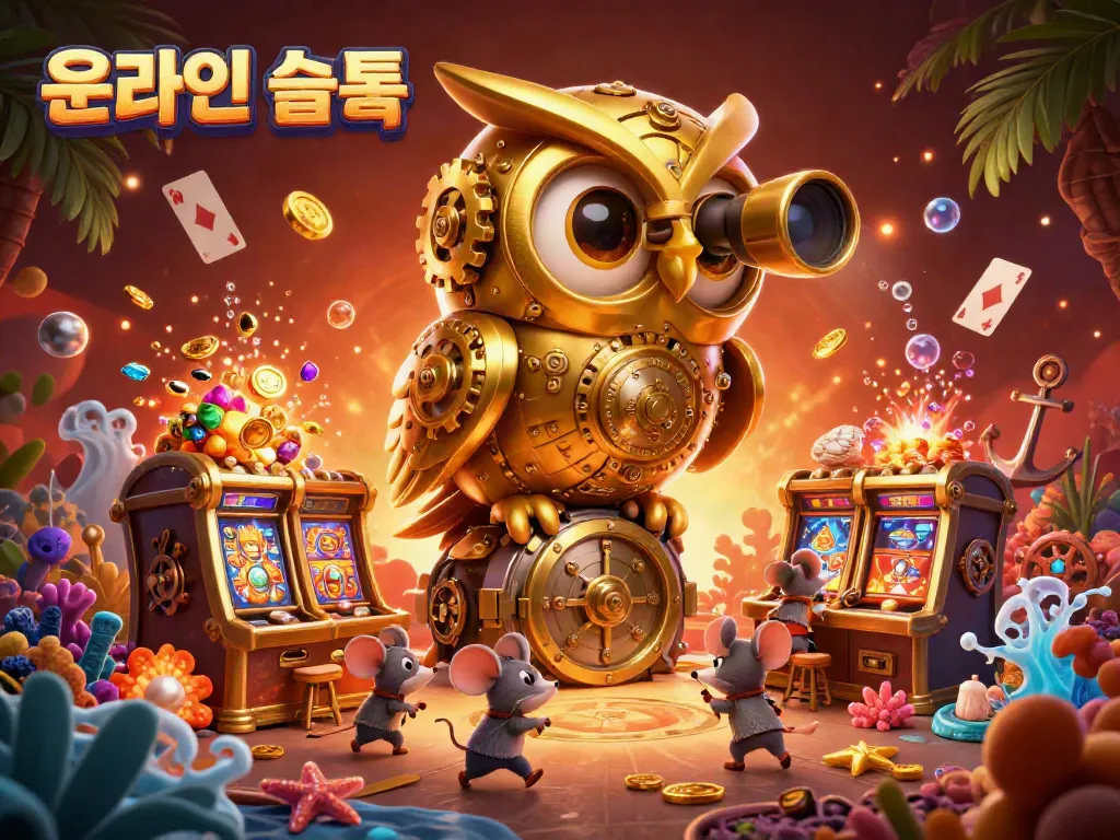Experience online slots dynamically as a golden owl oversees a vibrant casino scene filled with treasures.