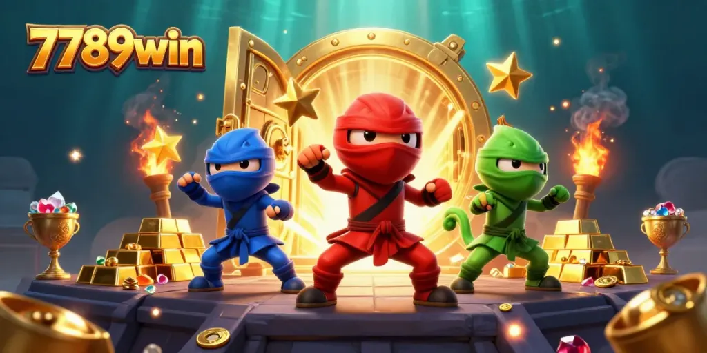 Experience thrilling action at 7789win with ninja chameleons and golden treasures in a vibrant casino scene.