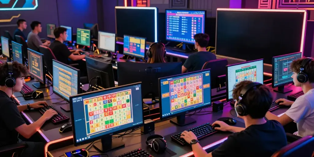 Engaged players in an online lottery session, vibrant amanahtoto gaming numbers displayed.