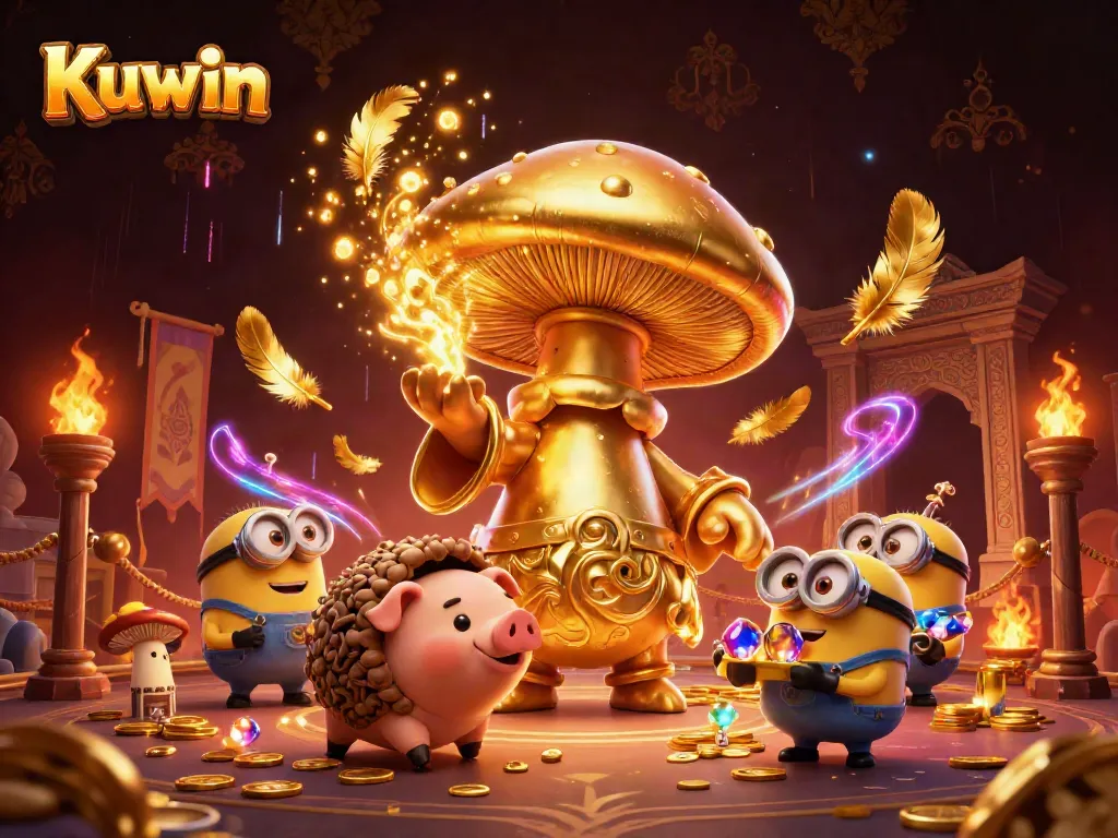 Kuwin transforms gameplay with the golden wizard and treasure-seeking creatures in a vibrant casino scene.