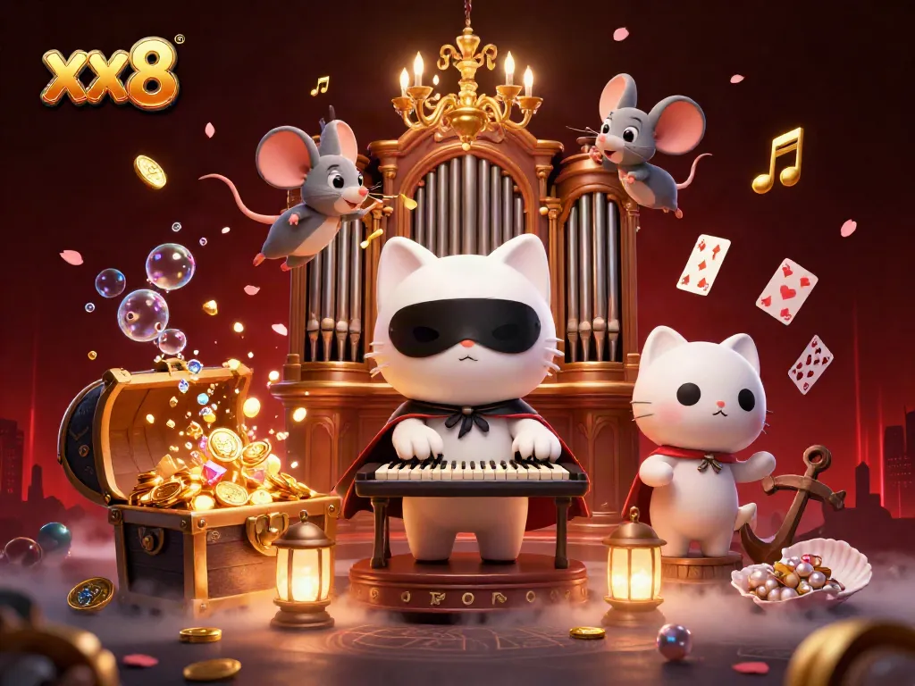 Engage with the dynamic world of xx8 casino featuring a phantom cat at a majestic organ amid floating elements.