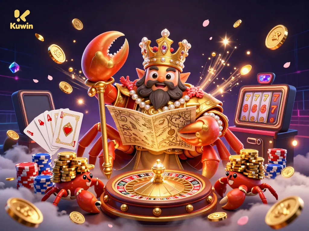 Engage with Kuwin's casino glory in vibrant 3D featuring a golden crab emperor and dynamic game elements.
