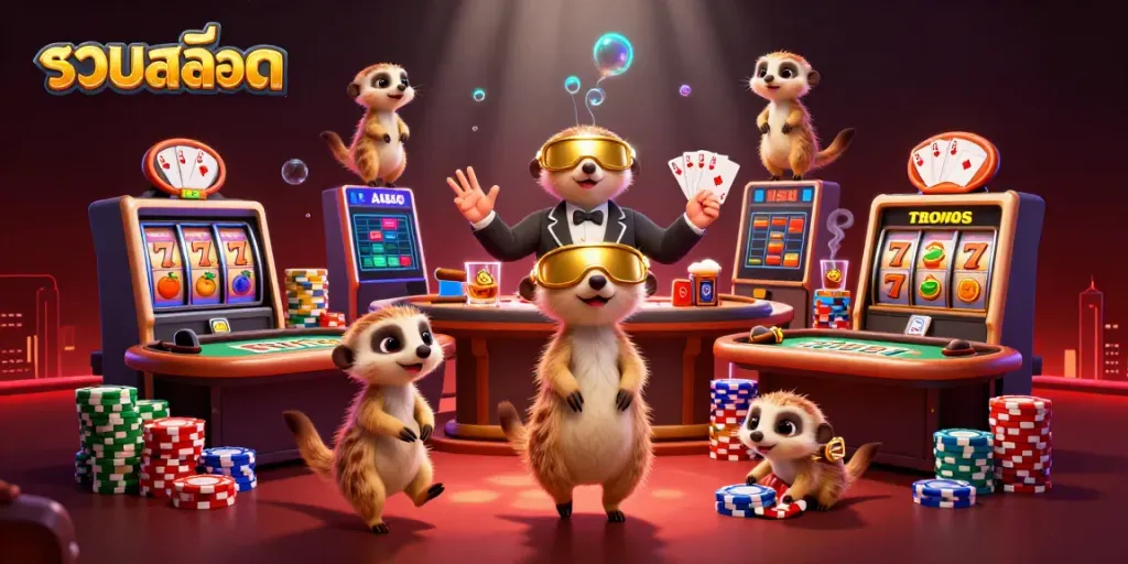 Win big with รวมสล็อต as adorable meerkats create a lively casino scene filled with vibrant slots and poker elements.