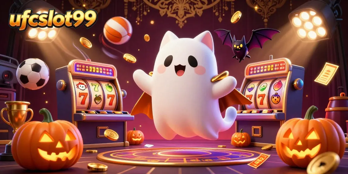 Engage with ufcslot99 in an energetic haunted casino scene featuring a floating ghost cat and vampire bat.