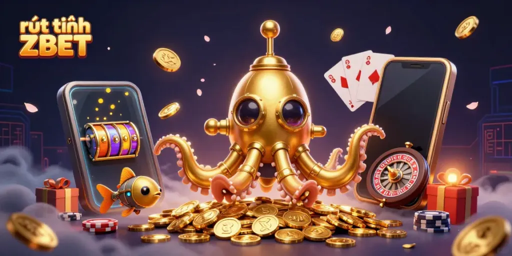 Engage with rút tiền ZBET amidst a vibrant 3D scene filled with golden coins, slot games, and playful aquatic creatures.