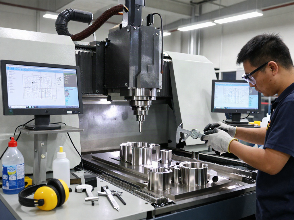 High-quality cnc machined stainless steel parts being set up in a professional CNC machining workshop.