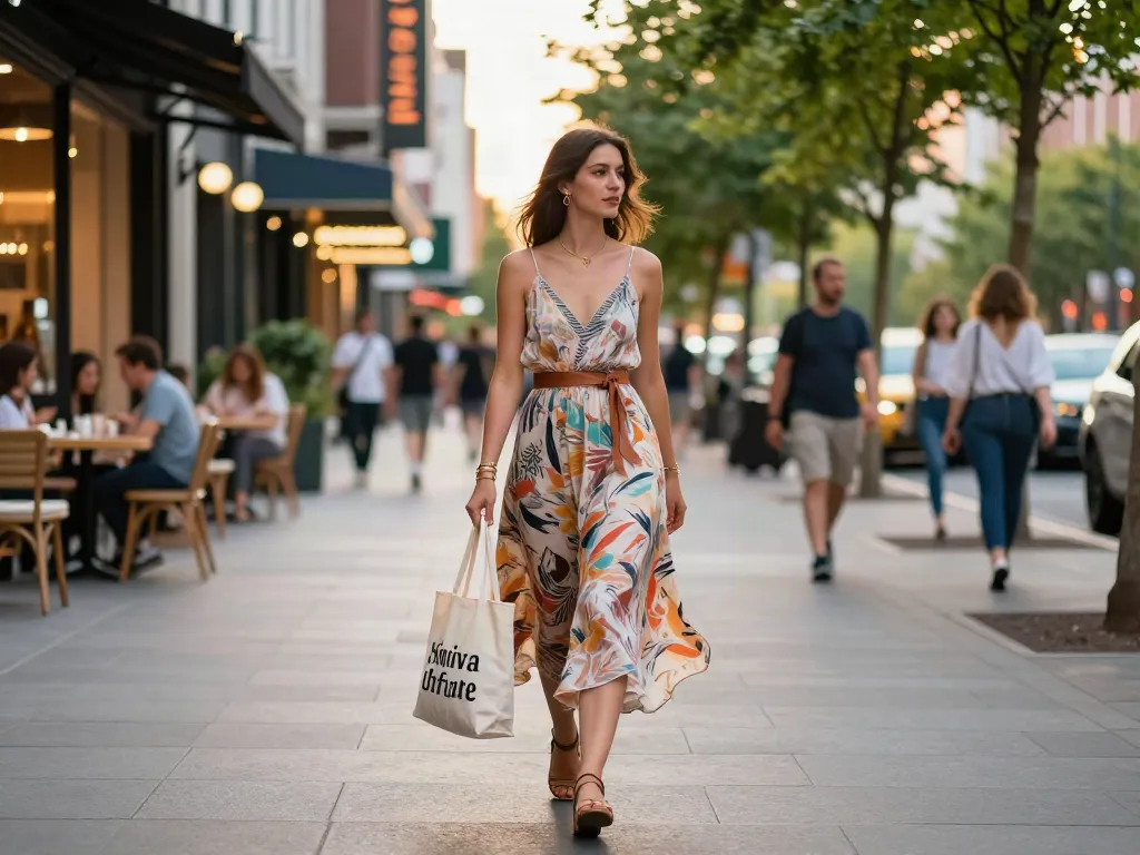 Vrouw in elegante damesmode tijdens een zonnige stadswandeling, omringd door trendy winkels.