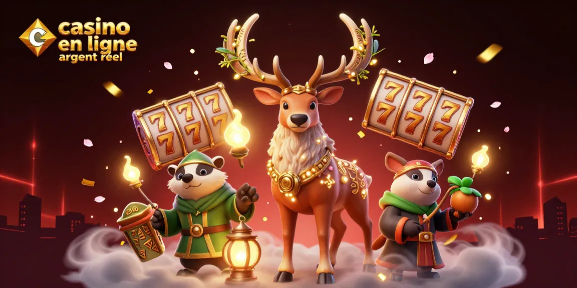 Illustration dynamique casino en ligne argent réel avec des personnages 3D dans un décor féerique.