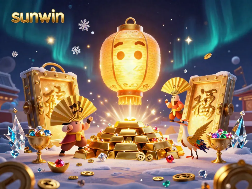 Experience thrilling fun at Sunwin with a scene of vibrant characters and glimmering treasures in a casino atmosphere.