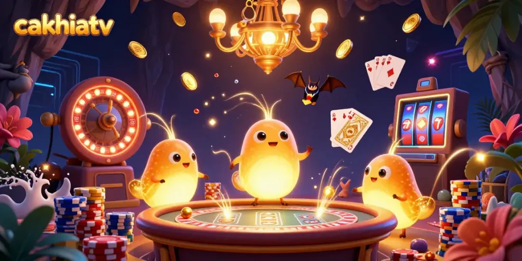 Experience high-stakes action with cakhiatv's vibrant casino scene illuminated by glowing insects.