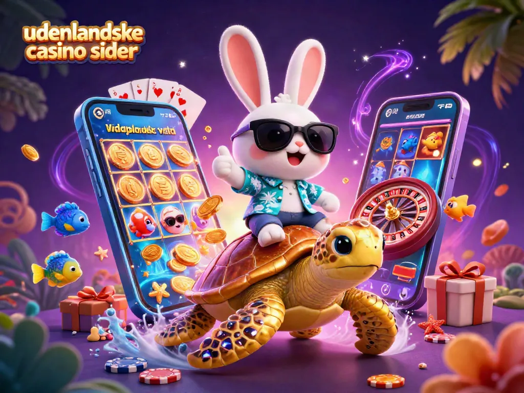 Engaging illustration showcasing udenlandske casino sider with a lucky rabbit and golden turtle surrounded by casino game elements.