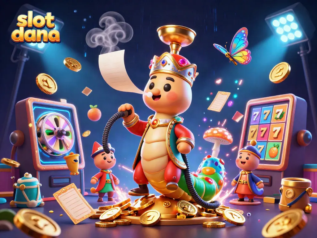 Ilustrasi slot dana dengan karakter kartun berwarna-warni dan mesin slot, menggambarkan suasana kasino yang semarak.