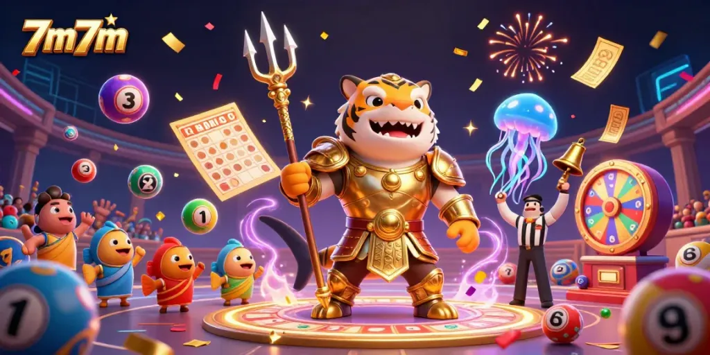 Engage in 7m7m online betting excitement with a dynamic underwater scene showcasing lively characters and casino elements.