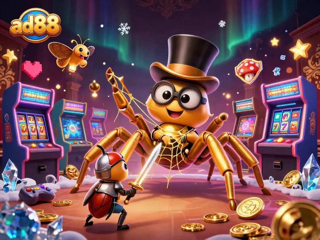Engage with ad88's vibrant casino scene featuring a golden tarantula and beetle knight amidst dynamic gaming elements.