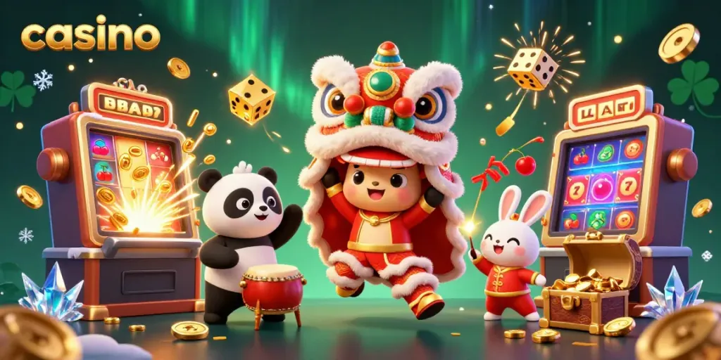 Engaging casino scene with a lion dance, a drumming panda, and a firecracker-lighting rabbit amidst gaming elements.