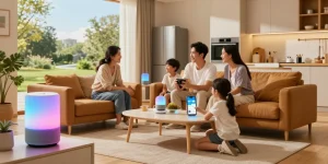 Family enjoying smart home gadgets in a contemporary living room, showcasing smart lighting and voice control features.