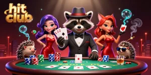 Experience the excitement of Hit Club with a suave raccoon, a stylish fox, and a hedgehog bouncer at a vibrant poker scene.
