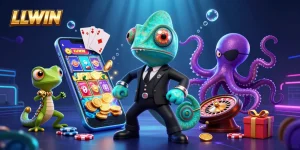 LLWIN gaming scene with a colorful slot game and energetic characters in a vibrant casino atmosphere.