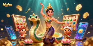 Engage with Nohu's vibrant slots scene, showcasing jackpots and luck in a rich 3D digital illustration.