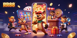 Experience casino excitement at RR88 with hyena characters in a colorful gambling scene.